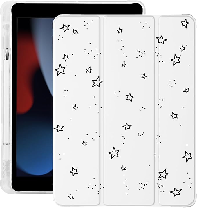 Cute Y2K Star for iPad mini 7 A17 Pro 2024/iPad Mini 6 Case with Pencil Holder Auto Sleep/Wake White Leather Soft TPU Back Cover