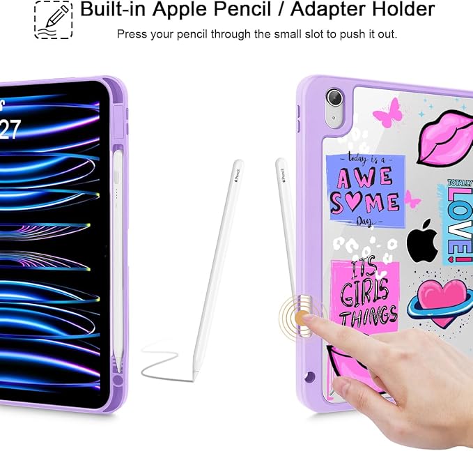 May Chen for iPad (A16) 11th Generation Case 11 Inch 2025 iPad 10th Gen Case 2022 10.9 inch Built-in Pencil Holder with Shockproof Cover Clear Back Shell Auto Wake/Sleep Girls calligraphic