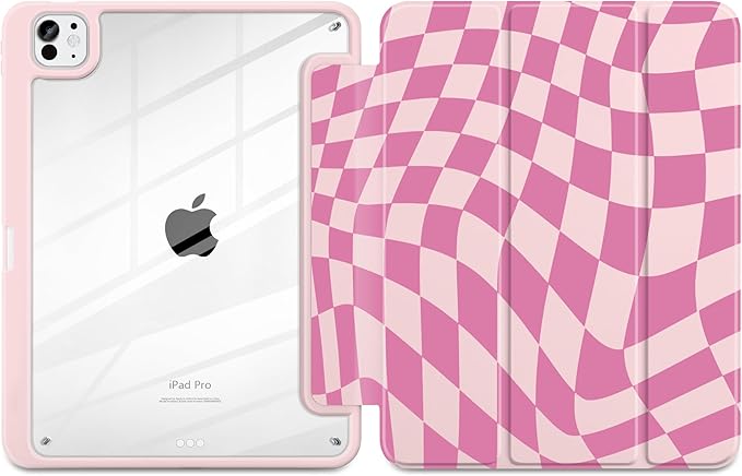 TWOLSKOO Case for iPad Pro 11-inch (M5 2025 / M4 2024) Clear Acrylic Back with TPU Bumper Pencil Holder Trifold Stand Auto Sleep/Wake Pink Wavy Checker