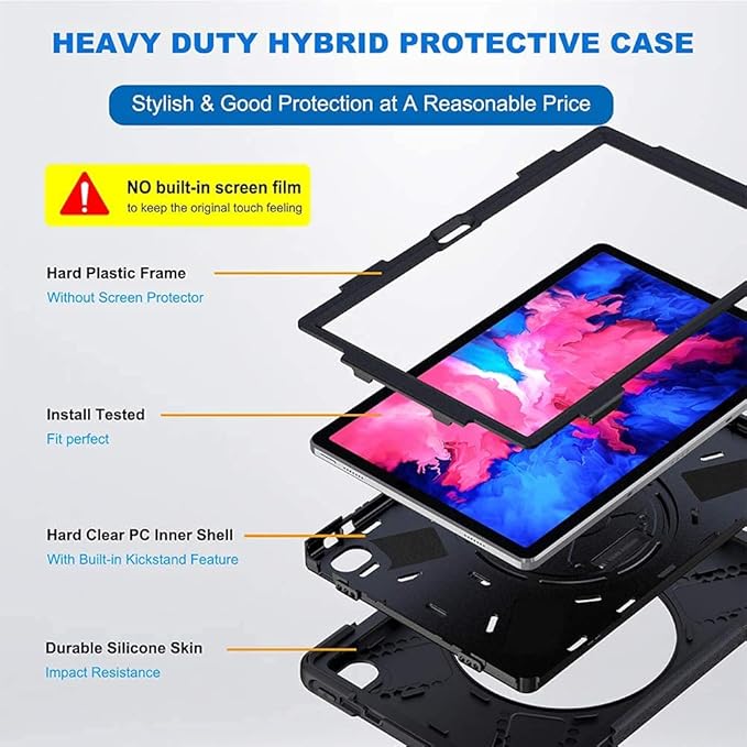 Junfire Shockproof Case for Lenovo Tab P11 Plus 2021/Tab P11 2020 Heavy Duty Rugged Case with Hand Strap/360°Rotating Kickstand/Shoulder Belt for TB-J606F/TB-J606X/TB-J616F-Black