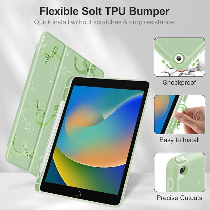 Tuiklol Case for iPad 10.2 Inch 2021 2020 2018 Release 9th / 8th / 7th Generation Built-in Pencil Holder TPU Protective Stand Back Cover Trifold Stand-Auto Wake/Sleep Bow-Green