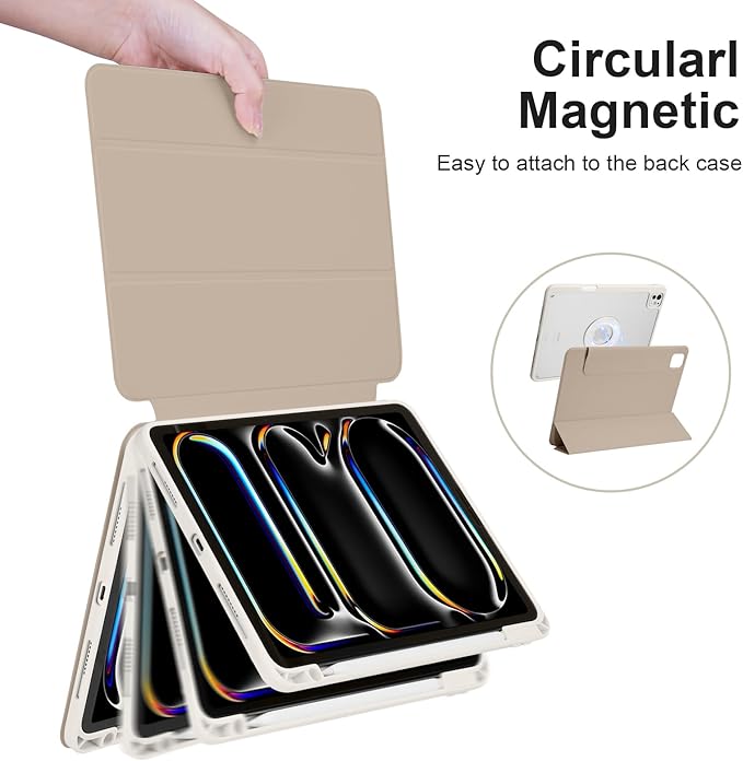 Case for iPad Pro 11 inch M5/M4 (2025/2024 6th/5th Generation) Removable and Detachable Magnetic Cover with Pencil Holder Vertical Adjustable Stand Tri-Fold Multi-Angle Oat Coffee+White