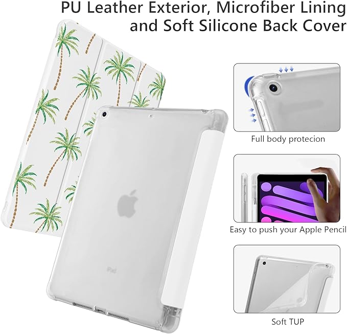Cute Palm Tree Beach for iPad Pro 11 Inch Case 4th/3rd/2nd Generation 2022/2021/2020 with Pencil Holder Auto Sleep/Wake Leather Soft TPU Back Cover