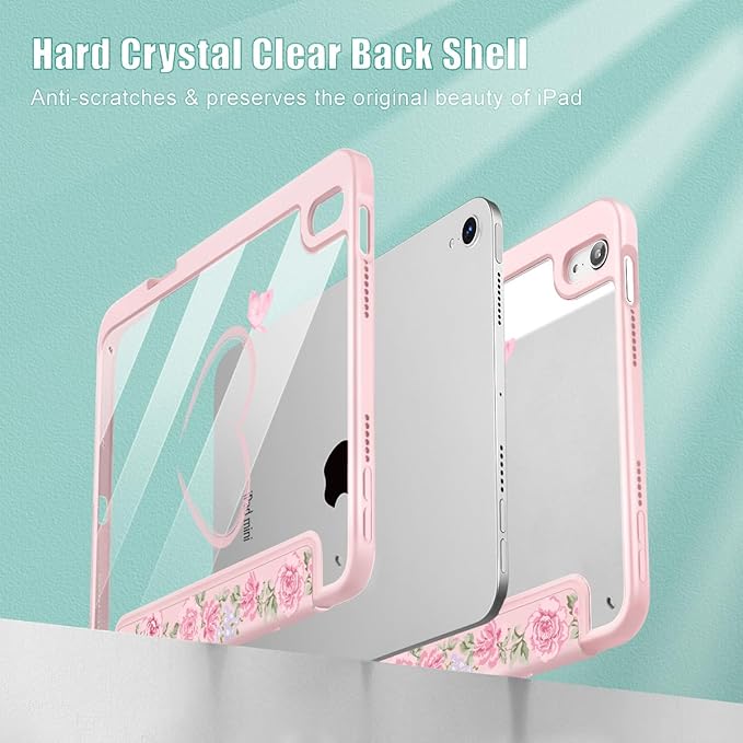 May Chen Slim Case for iPad mini 7 (A17 Pro 7th Generation) 2024 / iPad mini 6 (6th Gen) 8.3 Inch [Built-in Pencil Holder] Shockproof Cover Clear Clear Back Shell Auto Wake/Sleep Bow &amp Rose Flo