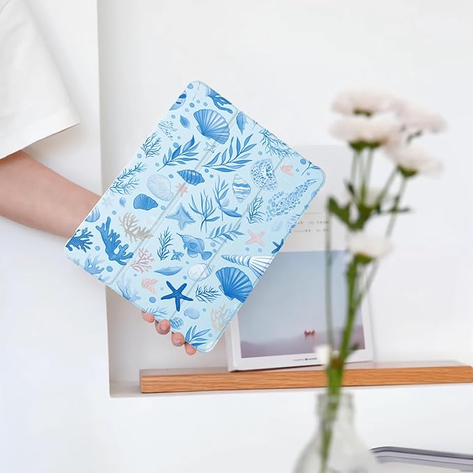 Cute Sea Shell Ocean for iPad 7th/8th/9th Generation Case with Pencil Holder Auto Sleep/Wake Blue Leather Soft TPU Back Cover for iPad 10.2 Inch 2019/2020/2021