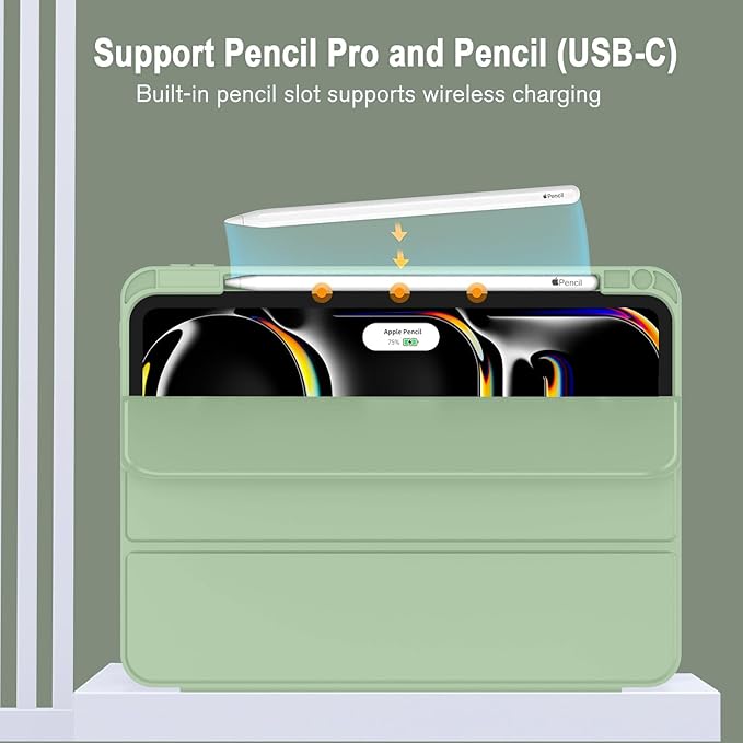 ZryXal iPad Pro 11 Inch Case (M5) 2025/ (M4) 2024 (Model: A2836/A2837/A3006) Trifold Stand Smart Cover with Pencil Holder and Soft TPU Back Auto Wake/Sleep (Matcha Green)