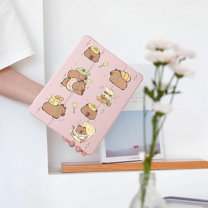 Cute Kawaii Capybara for iPad Pro 11 Inch Case (M5/M4) 2025/2024 with Pencil Holder Auto Sleep/Wake Pink Leather Soft TPU Back Cover