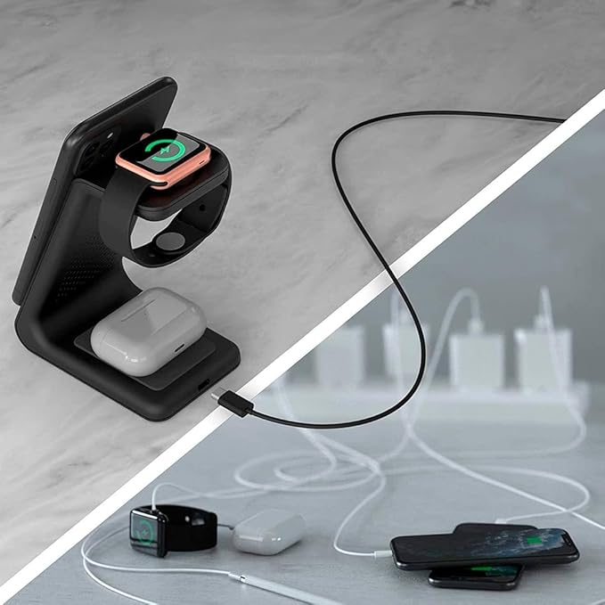 LUNOX 3 in 1 Magnetic Wireless Charger Foldable Fast Charging Station USB-C Portable Charging Stand for Smartphone Smartwatch and Earbuds Compact Desk and Travel Charger Black &amp White