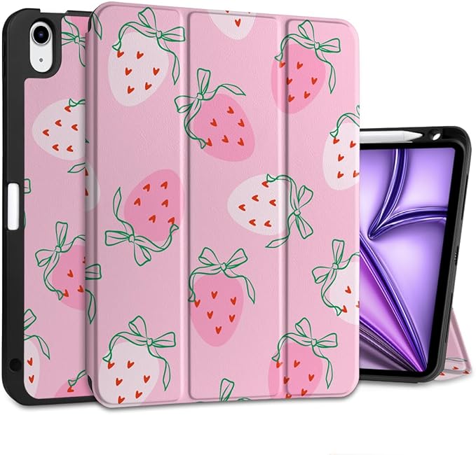 MEEgoodo for M4/M3/M2 iPad Air 11 inch Case 2026 2025 2024Case for iPad Air 5th Generation/iPad Air 4th Gen 10.9 inch 2022 2020 Tablet Cover with Soft TPU Back Shell Strawberry &amp Bow