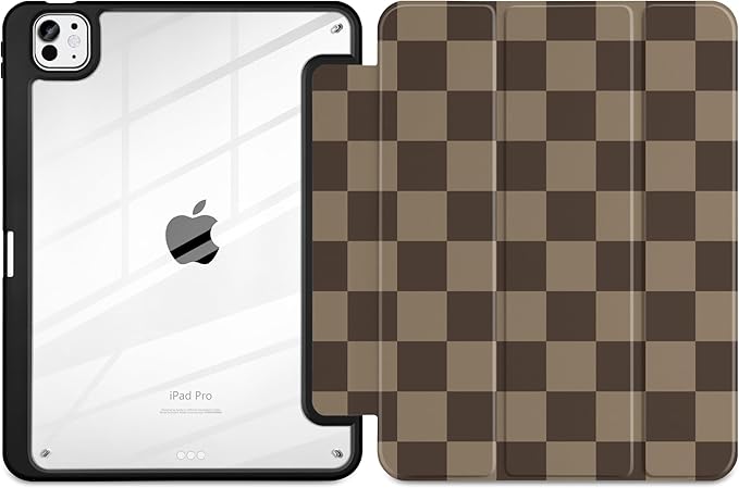TWOLSKOO Case for iPad Pro 11-inch (M5 2025 / M4 2024) Clear Acrylic Back with TPU Bumper Pencil Holder Trifold Stand Auto Sleep/Wake Brown Checkerboard