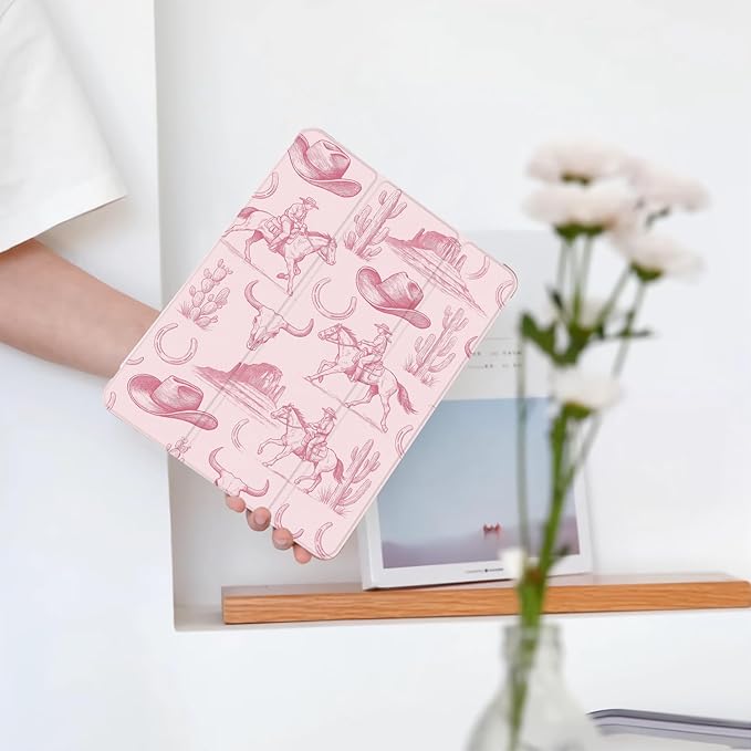 Western Cowboy for iPad mini 7 A17 Pro 2024/iPad Mini 6 Case with Pencil Holder Auto Sleep/Wake Pink Leather Soft TPU Back Cover