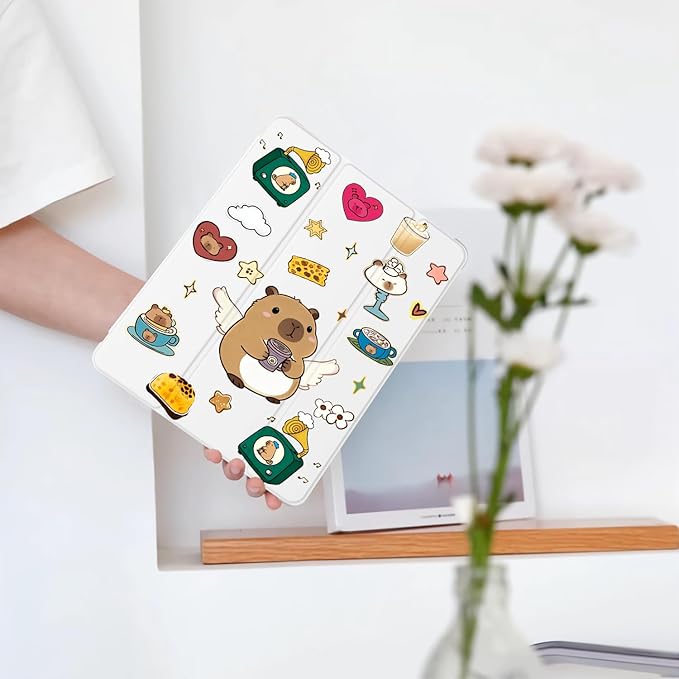 Cute Kawaii Capybara for iPad Air 3 Case with Pencil Holder Auto Sleep/Wake White Leather Soft TPU Back Cover for iPad Pro 10.5 Inch 2017