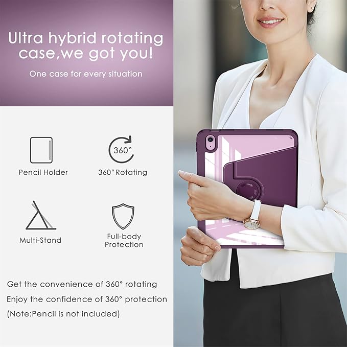 Soke Rotating Case for iPad (A16) 11th Generation 2025 iPad 10th Gen 2022 with Pencil Holder [Shockproof + Auto Sleep/Wake] 360 Degree Rotation Clear Back for iPad 11/10.9 - Purple