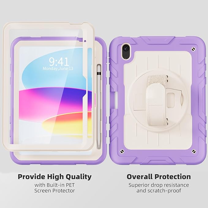 Case for iPad 10th Generation 10.9inch 2022with Built-in Screen Protector and KickstandHand StrapShoulder Strap for New Apple iPad 10.9 Inch(Purple/Beige)