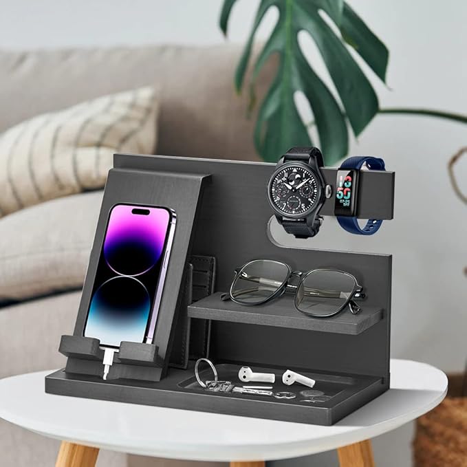 Wood Phone Docking Station - Gifts for Men Desk or Nightstand Organizer - Birthday Gifts for Husband Fathers Day for Dad - Anniversary Idea from Wife - Key Holder Stand Wallet Watch &amp Essential