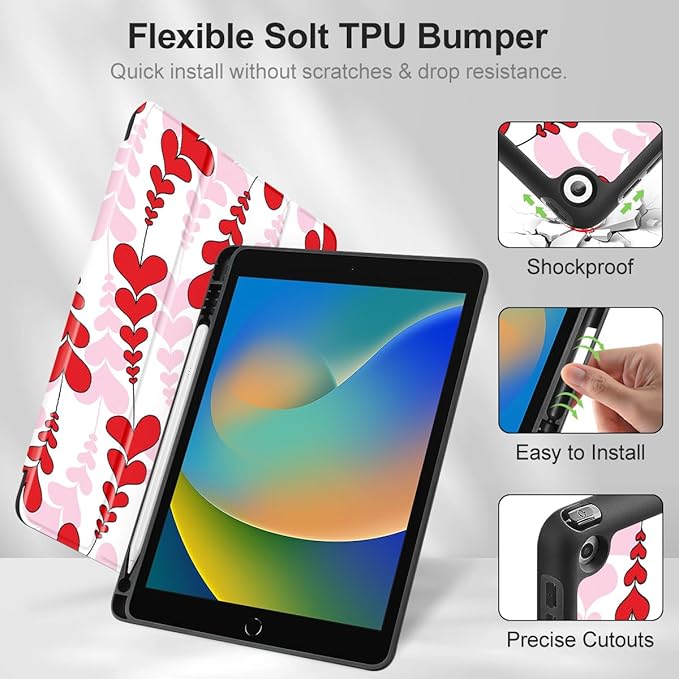 Mektron Designed Printed iPad 10.2 Case 9th Gen (2021)/ 8th Gen (2020)/ 7th Gen (2019) with Pencil Holder Slim Protective Case with Soft TPU Back Auto Wake/Sleep for iPad 10.2 Inch Heart Wave