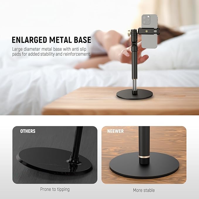 NEEWER Cell Phone Stand for Desk Adjustable Office Table Phone Holder Mount Compatible with iPhone Samsung for Video Recording Filming 360° Ball Head Foldable Arm Weighted Metal Base MT010