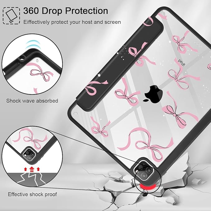 May Chen for iPad Pro 11 inch M2 4th Generation 2022 iPad Pro 11 3rd/2nd/1st Gen Case with Transparent Shockproof Back Cover [Built-in Pencil Holder Auto Sleep/Wake Black Stars Bow