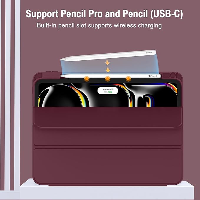 ZryXal New iPad Pro 13 Inch Case (M5) 2025 / (M4) 2024 with Pencil Holder Smart iPad Case [Support Pencil Pro and Pencil (USB-C)] Support Touch ID and Auto Wake/Sleep (Wine)