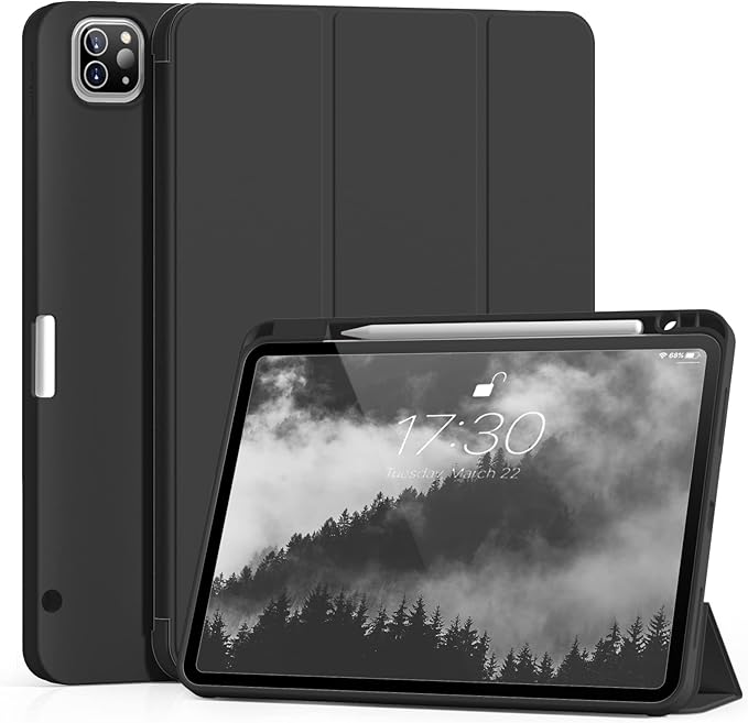 Aoub New iPad Pro 12.9 Case 6th Generation 2022 / 5th Gen 2021/ 4th Gen 2020 with Built-in Pencil Holder Auto Wake/Sleep Slim Stand Soft Back Shell Smart Cover for iPad Pro 12.9 Inch Black