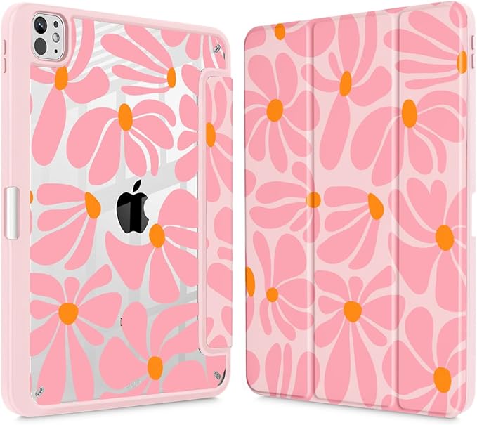 May Chen Case for iPad Pro 11-Inch M5/M4 2025/2024 (6th/5th Generation) Clear Transparent Print Back Shell Slim Stand Shockproof Tablet Cover Auto Wake/Sleep Groovy Flower