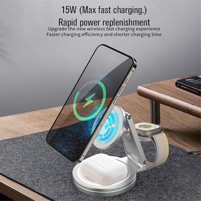 Metal Rotating Wireless Charging Stand for Phone Smartwatch Devices 3 in 1 Function Auto Dimming Lights Compact Foldable