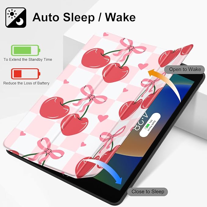 Mektron Designed Printed iPad 10.2 Case 9th Gen (2021)/ 8th Gen (2020)/ 7th Gen (2019) with Pencil Holder Slim Stand Protective Case with Soft TPU Back for iPad 10.2 Inch Cherries Bows C353