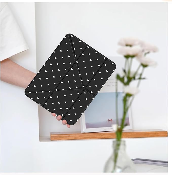 Cute White Polka Dot Heart for iPad Pro 11 Inch Case (M5/M4) 2025/2024 with Pencil Holder Auto Sleep/Wake Black Leather Acrylic Back Detachable Cover