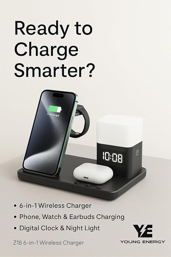 Wireless Charger 6 in 1 Wireless Charging Station for Cell Phone Wireless iPhone 15/14/13/12/11/X/8 Samsung Galaxy S23–S8 Pixel Apple Watch Series 2–9/SE/Ultra AirPods Pro – Fast Qi Charger