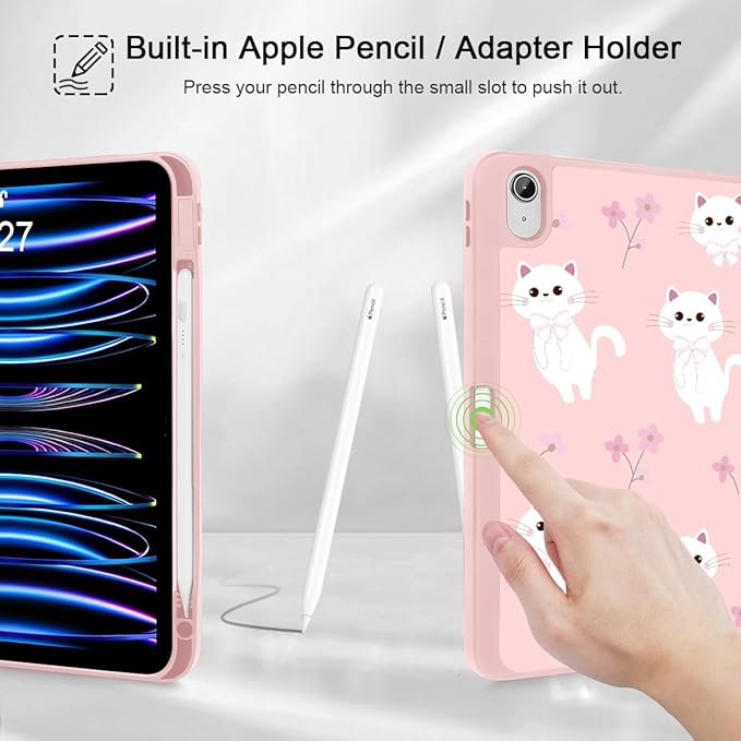 Tuiklol Case for iPad 10.2 Inch 2021 2020 2018 Release 9th / 8th / 7th Generation Built-in Pencil Holder TPU Protective Stand Back Cover Trifold Stand-Auto Wake/Sleep Cat-Pink