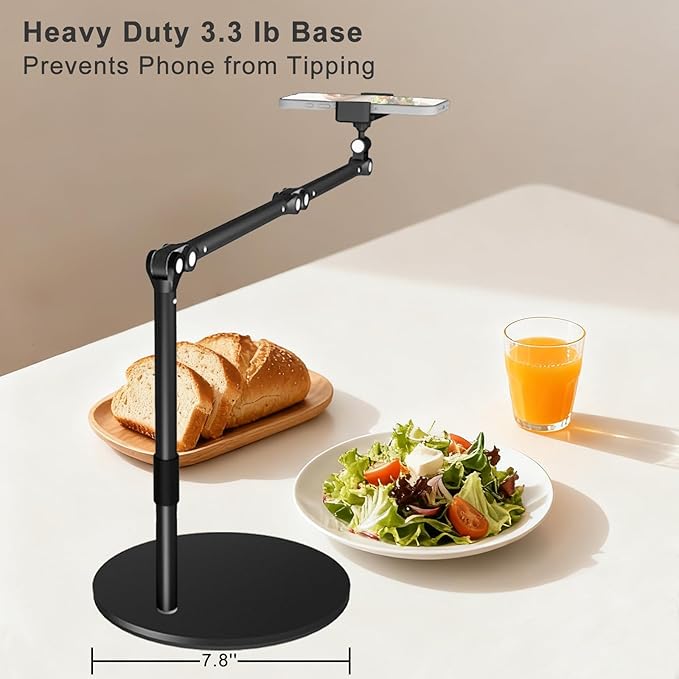 Overhead Phone Mount for Desk 17 Long Arm Adjustable iPhone Holder Heavy Duty Rotatable Stand for Video Recording Live Streaming Crafting Cooking