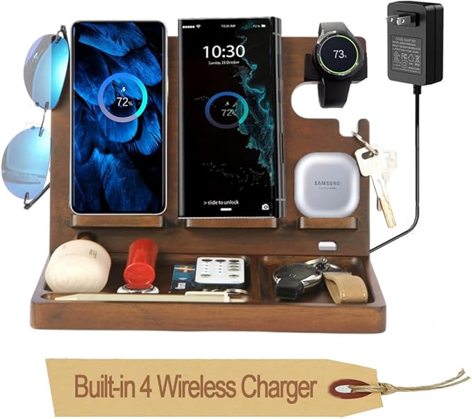 Wireless Charging Station for Samsung 2 Phones Galaxy Watch 7/6/5/4/3/2 Galaxy Buds Wood Phone Docking Station for men Android Charging Station Nightstand Organizer Phone Holder for Desk Gifts for Men