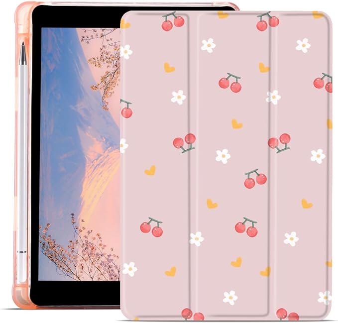 JOYLAND Flower Cherry Printed Case for iPad Air 4 2020/iPad Air 5 2022 10.9 Inch with Pencil Holder Foldable Auto Wake/Sleep Soft TPU Back Kawaii Pink Girly Leather Cover