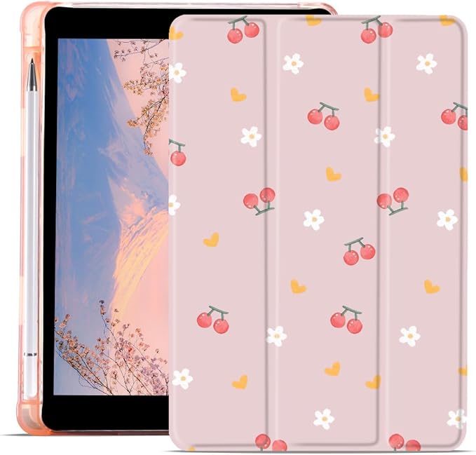 JOYLAND Flower Cherry Printed Case for iPad Air 11 Inch M2/M3(2024/2025) 6th/7th Generation with Pencil Holder Foldable Auto Wake/Sleep Soft TPU Back Kawaii Pink Girly Leather Cover