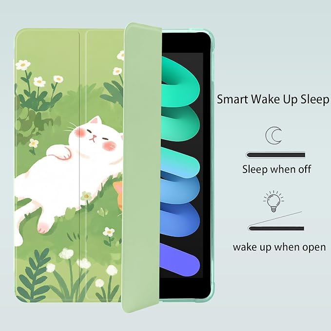 Cue Kawaii Cat Kitten for iPad Pro 13 Inch Case (M5/M4) 2025/2024 with Pencil Holder Auto Sleep/Wake Green Leather Soft TPU Back Cover