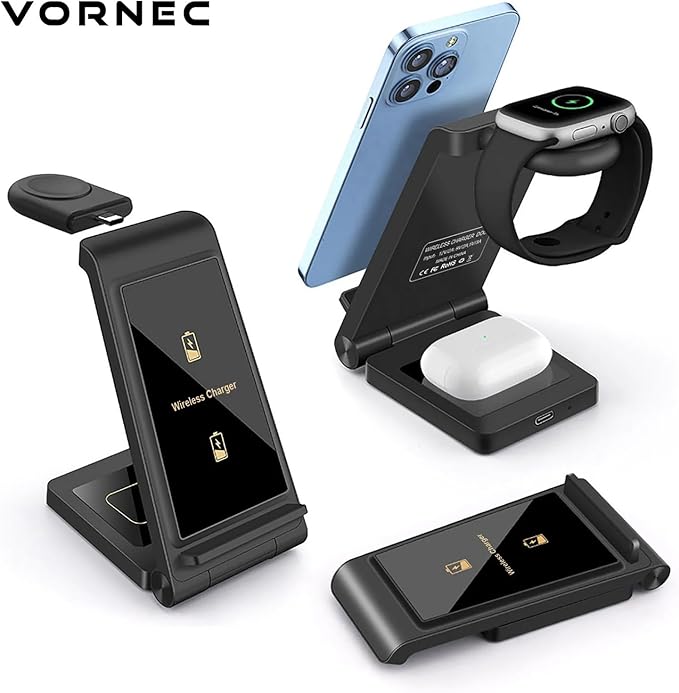 3 in 1 Wireless Charger 15W Fast Charging Station Foldable for iPhone 15/14/13/12/11 Samsung Galaxy S24/S23/S22/S21 Watch AirPods Galaxy Buds