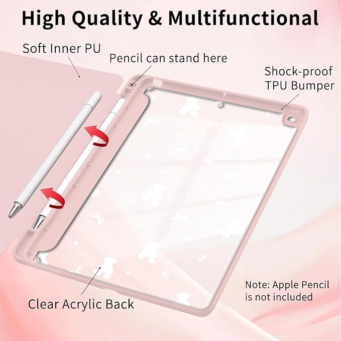 Lovely Bear Bowknot Case for iPad 9th/7th/8th Generation (2021/2020/2019 10.2 Inch) with Pencil Holder Kawaii Girly Pink Leather Clear Back Shell Foldable Protective Cover