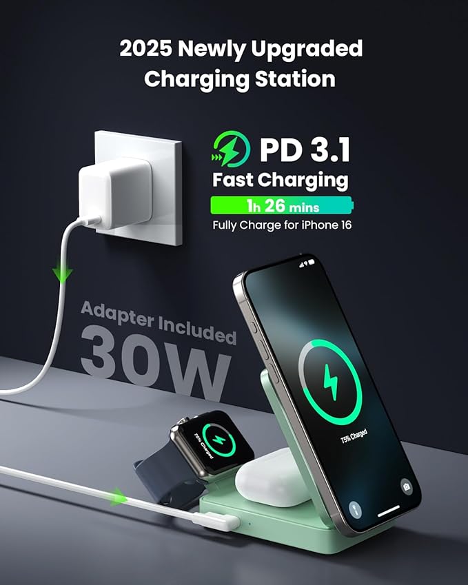 3-in-1 Wireless Charger Charging Station for iPhone 15W Fast Charging Foldable Magnetic Charger Stand with 30W USB C Adapter for MagSafe iPhone 16/15/14/13/12 Apple Watch AirPods