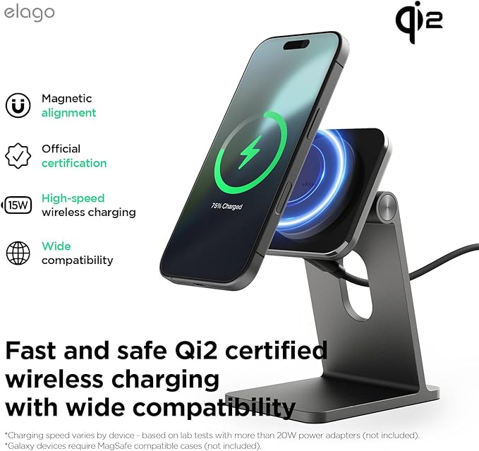 elago Qi2 Wireless Charging Stand for MagSafe Devices Qi2 Certified 15W Ultra-Fast Strong Magnet Adjustable Tilt Non-Slip Design for iPhone (Black)