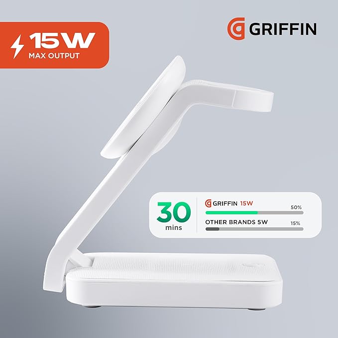 Griffin - 4-in-1 Wireless Charger Stand Magnetic Wireless Station with 15W Fast Phone Charger 3W Headphone and 2W Smartwatch Charging with Night Light