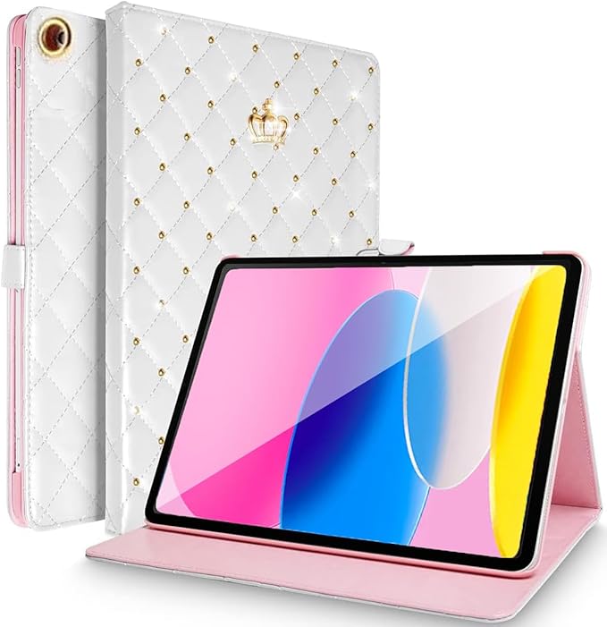 for iPad 9.7 Inch 6th/5th Generation 2018/2017 CaseiPad air 2/iPad AirCrown Bling Diamond Cute PU Leather Smart Auto Sleep/Wake Folio Stand Shockproof Cover for Apple iPad 9.7 Inch (White)