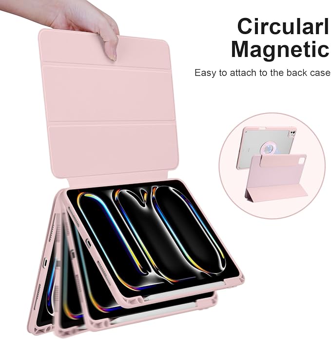 Case for iPad Pro 11 inch M5/M4 (2025/2024 6th/5th Generation) Removable and Detachable Magnetic Cover with Pencil Holder Vertical Adjustable Stand Tri-Fold Multi-Angle Pink