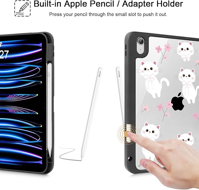 Tuiklol Case for iPad 11 inch (A16 Chip) 2025 Gen 11th / iPad 10.9 inch 2022 10th Gen Buit in Pencil Holder with Shockproof Cover Clear Transparent Back Shell Auto Wake/SleepCat-Black