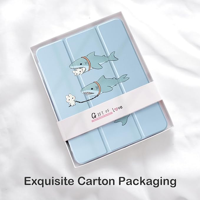 Cute Kawaii Shark Bunny for iPad Air 11 Inch Case 7th/6th Generation (M3/M2) 2025/2024 with Pencil Holder Auto Sleep/Wake Blue Leather Clear Acrylic Back Cover