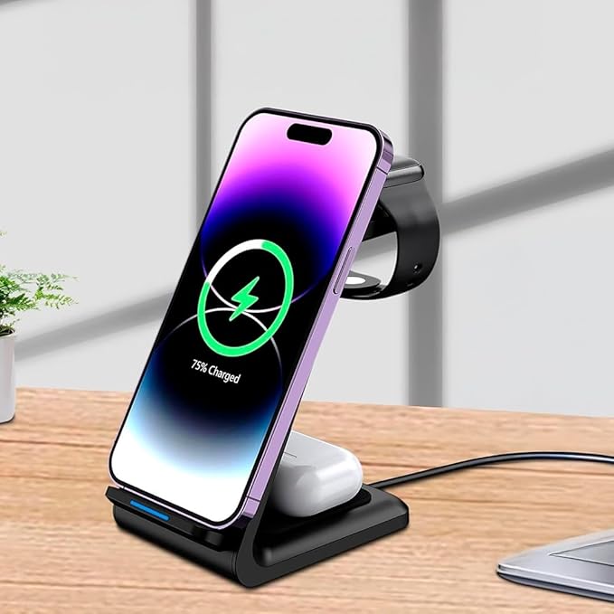 LUNOX 3 in 1 Magnetic Wireless Charger Foldable Fast Charging Station USB-C Portable Charging Stand for Smartphone Smartwatch and Earbuds Compact Desk and Travel Charger Black &amp White