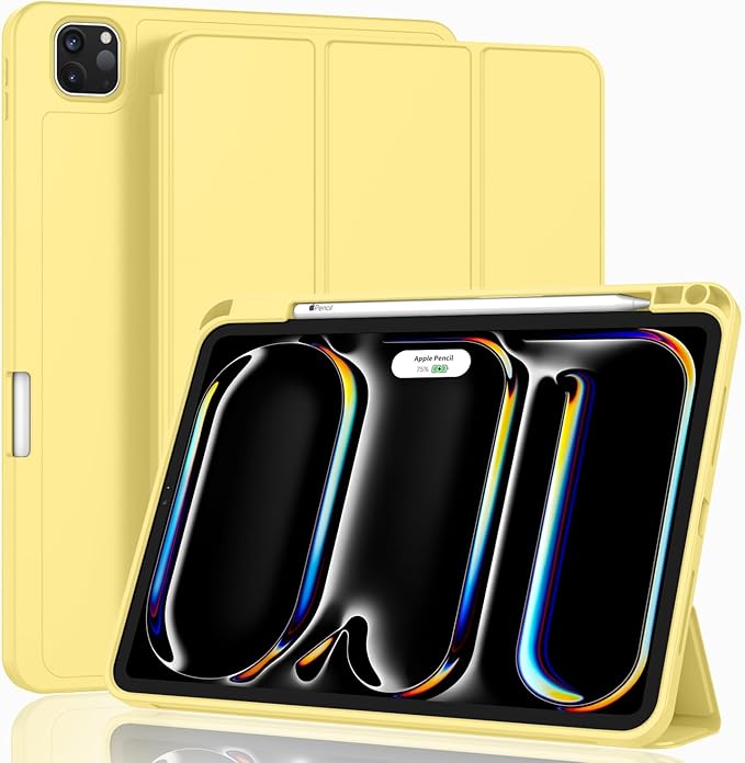 ZryXal iPad Pro 11 Inch Case (M5) 2025/ (M4) 2024 (Model: A2836/A2837/A3006) Trifold Stand Smart Cover with Pencil Holder and Soft TPU Back Auto Wake/Sleep (Yellow)