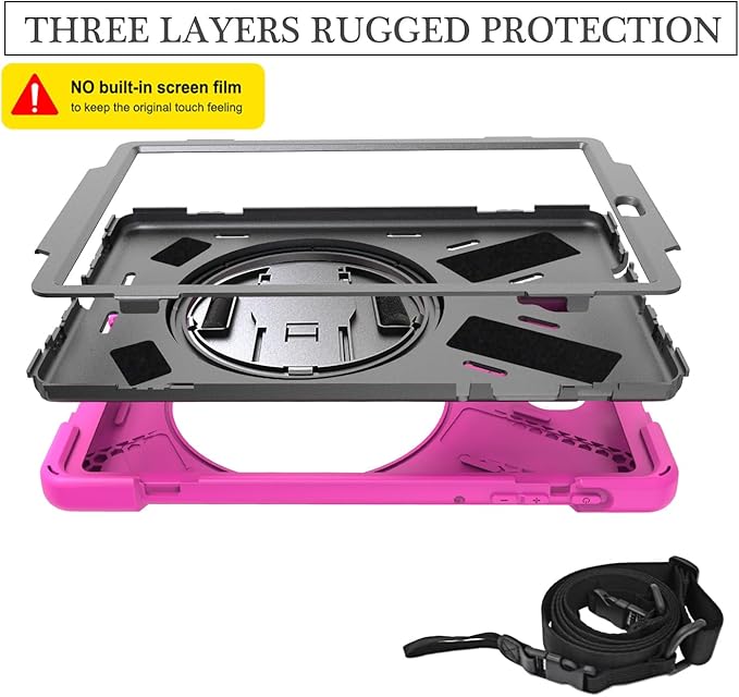 Rugged Case for Samsung Galaxy Tab A 10.5 2018 (SM-T590/T595/T597) Portable Hybrid Shock-Proof Cover with 360° Rotatable Hook&ampLoop HandleShoulder Strap (Rose)