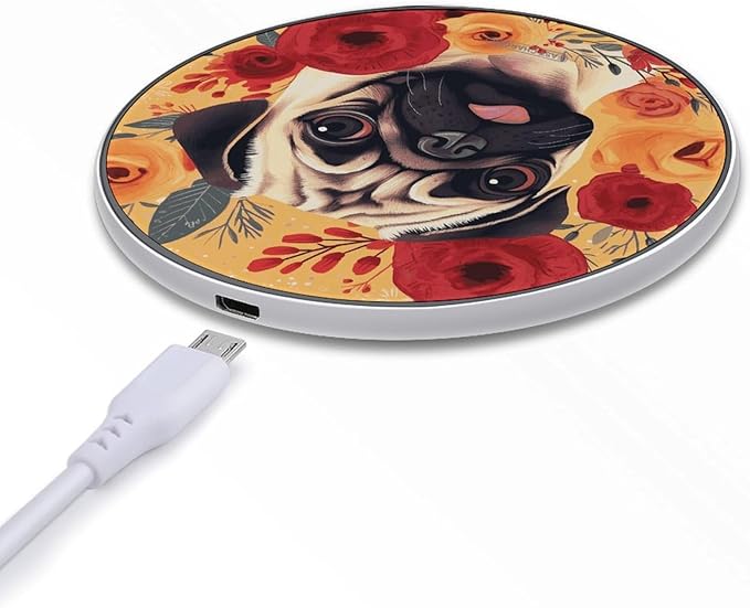 Pug Flower Wireless Charger Fast Wireless Charging Pad with USB Cable 10W Anti-Slip Magnetic Wireless Charger Portable Slim Charger Puck Travel Charging Station
