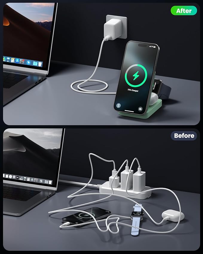 3-in-1 Wireless Charger Charging Station for iPhone 15W Fast Charging Foldable Magnetic Charger Stand with 30W USB C Adapter for MagSafe iPhone 16/15/14/13/12 Apple Watch AirPods