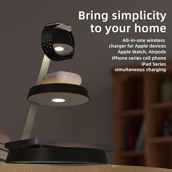 Magnetic Wireless Charger 3 in 1 Tower Standing Upright Double Layer Night Light High-Power Convenient Compatible with Cellphones/Wireless Earbuds/Apple Watch (Wood Grain Style)